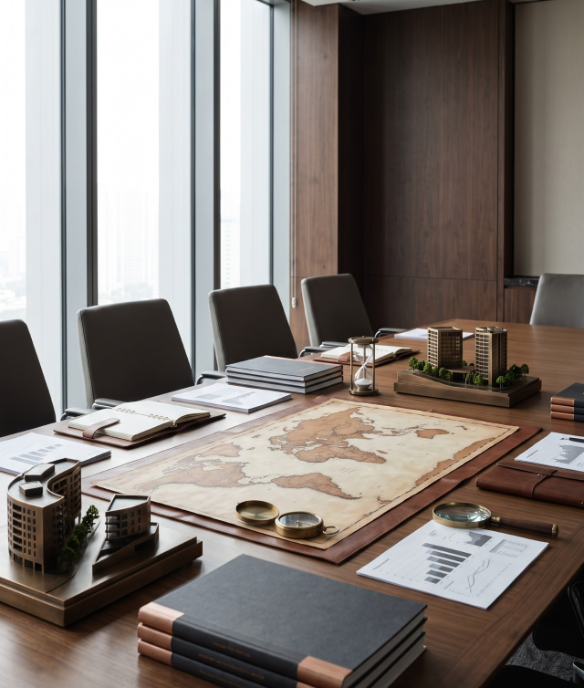Boardroom table with strategic planning materials