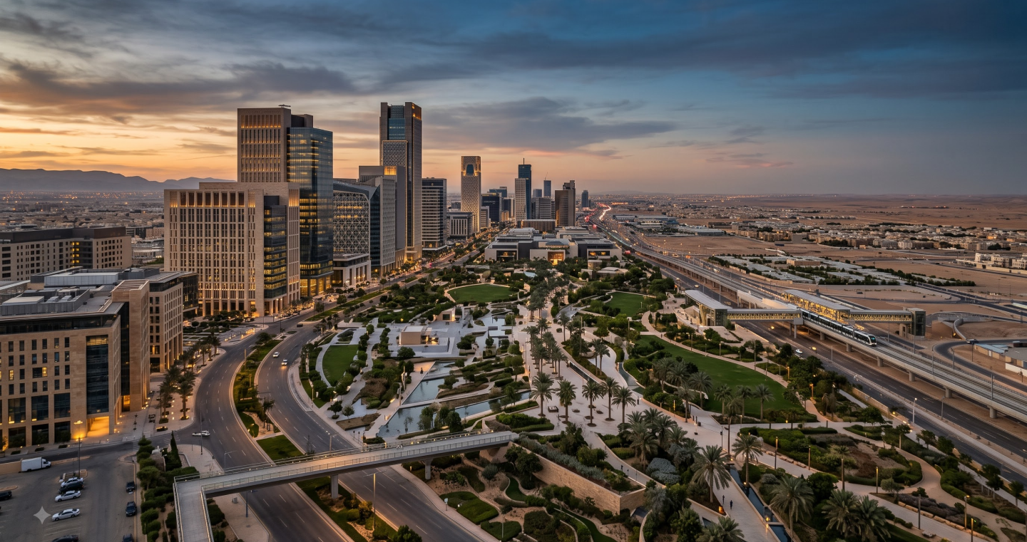 City skyline at dusk